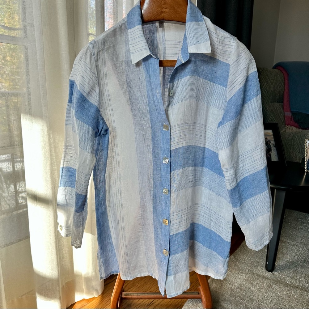 Habitat linen top shirt blue white stripe medium